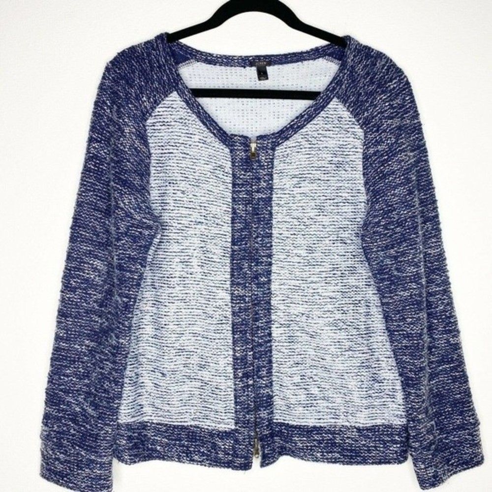J. CREW BOUCLE SWEATER COLOR BLOCK TWEED ZIP BLUE LARGE FITS LIKE MEDIUM